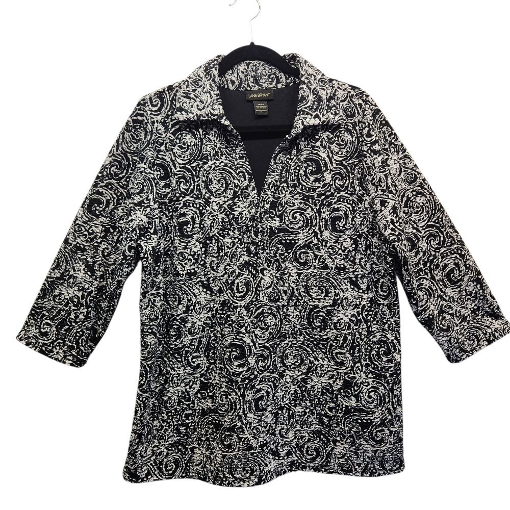 Lane Bryant Black White Textured Stretch Collared V-Neck 3/4 Sleeve Tunic 18/20
